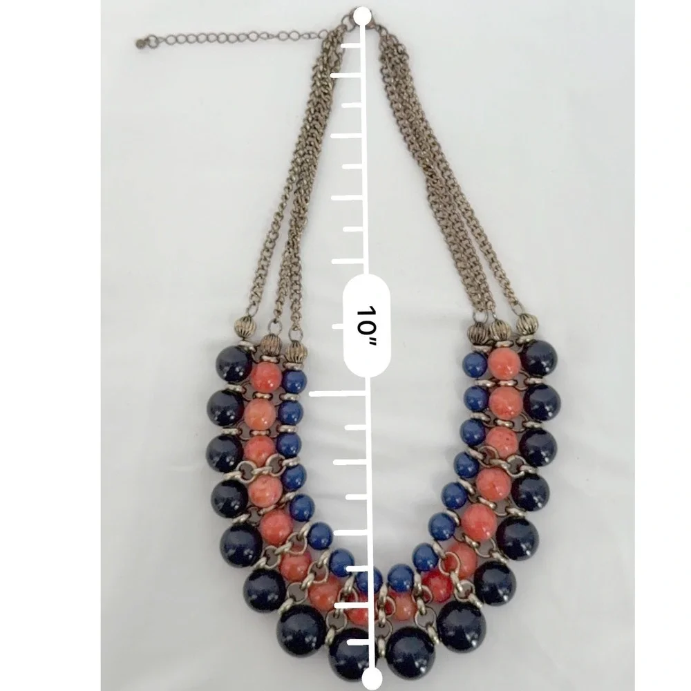 Eva Mendes NY & Co Triple Strand Bib Necklace Blue Coral Bead Gold Tone 103-192